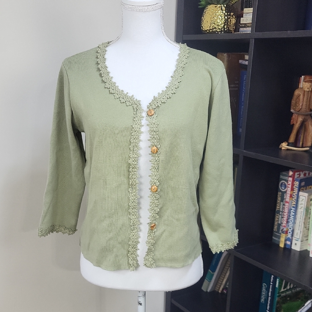 Vtg 90' GREEK KNITWEAR Green Bambaki Cotton Floral Trim Wooden Button Cardigan